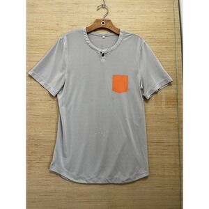 Lululemon Shirt‎ Mens Medium Gray Stripe Button Pocket Athletic Orange Detail